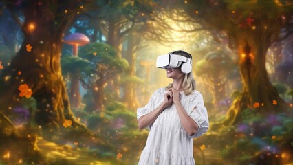 Excited woman wearing VR with stretching arms getting fresh air wonderland fairytale forest maple leaves falling in meta world like jungle wildflower landscape at fantasy warm sunlight. Contraption.