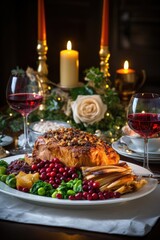 Elegant holiday dinner table setting with roasted meat, cranberries, and red wine