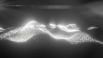Black and white energy magic digital futuristic waves with light rays lines and energy particles. Abstract background