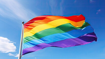 Vibrant rainbow flag waving in the sky