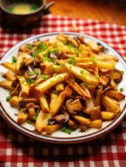 Delicious homemade french fries with sautéed mushrooms