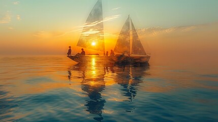 Fototapeta premium Tranquil Moments at Sea: Three Friends Embracing the Beauty of Dusk