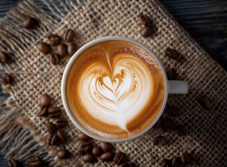 A cozy cup of cappuccino with a heart-shaped latte art, surrounded by coffee beans on a textured...