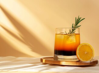 Chilled cocktail with lemon, rosemary on a tray, soft light background. Created with Generative AI