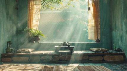 Sunlit Indoor Japanese Tea Room with Nature View