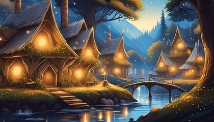 A fantasy scene beautiful Elf village in a fantastic fantasy world treehouses in the forest the sound of water, and sparkling fireflies
