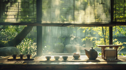Serene Japanese Tea Time Setting with Garden View