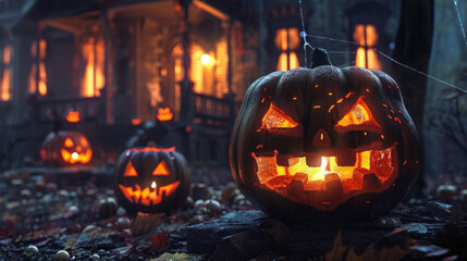Spooky Halloween Night: Haunted House, Trick-or-Treaters, and Jack-o'-lanterns