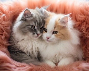 Adorable fluffy kittens cuddling on soft pink background