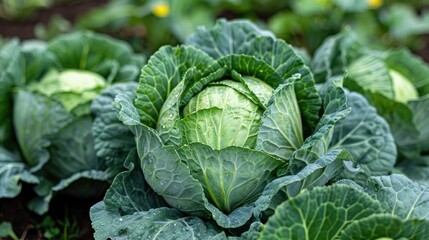 Fresh green cabbage head with dewdrops close-up