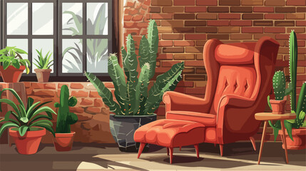 Cozy armchair with footstool houseplants and big cact