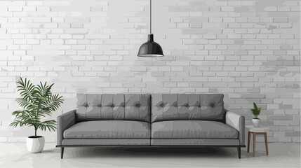 Cozy grey sofa near white brick wall style vector