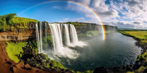 Obraz premium Majestic waterfall with rainbow in scenic landscape
