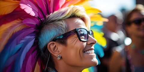 Vibrant portrait of a person with colorful feathers
