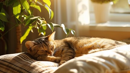 Tranquil cat napping in sunlit cozy room - obrazy, fototapety, plakaty