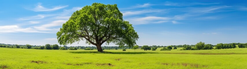 Fototapeta premium Lush green field with lone tree under blue sky