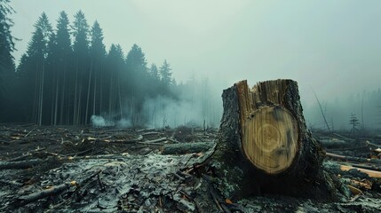 Misty forest landscape with felled tree stump - Powered by Adobe