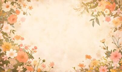 Background with a floral frame featuring spring flowers, Generative AI 