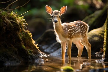 Curious deer standing in forest stream