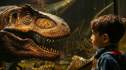 Young boy marveling at a lifelike dinosaur exhibit in a museum