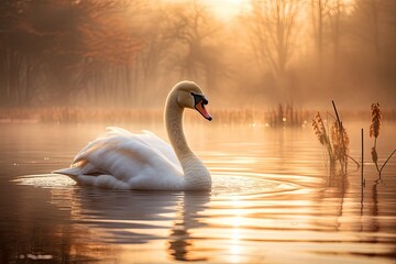 Serene swan swimming in golden sunset
