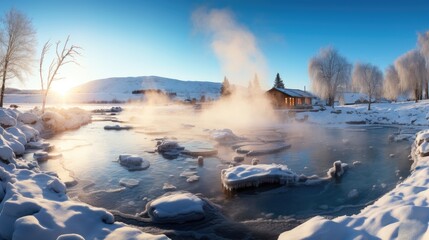 Scenic winter landscape with steaming hot springs