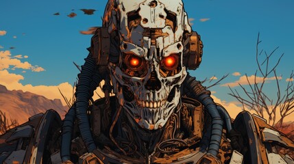 Naklejka premium Futuristic robot skull with glowing red eyes