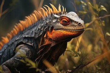 Close-up of a vibrant orange and black iguana