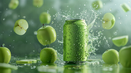 green apple falling into water, Tall green silver can, closeup. Space for design, green
