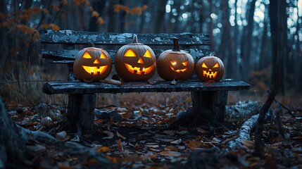 Amidst the fading light of a spooky forest, Jack O' Lanterns with menacing glares flank a weathered wooden bench, creating an unsettling atmosphere on All Hallows' Eve.