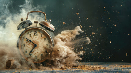 Time is passing away Concept clock breaks down into dust particle