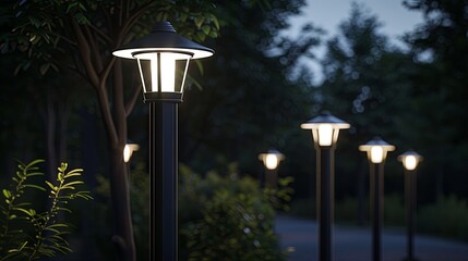 Tranquil evening pathway with illuminated street lamps