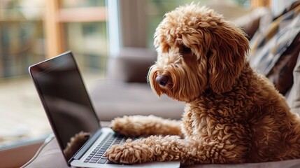Pensive labradoodle using a laptop at home