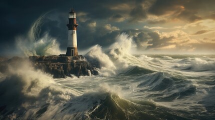 Dramatic lighthouse scene with crashing waves