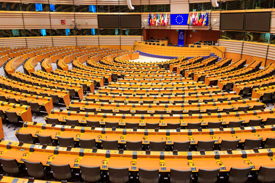 Interior of the plenary room of the European parliament in Brussels, Belgium