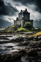Dramatic castle on a rocky coast under stormy skies