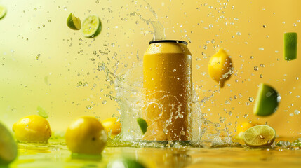 lemon and lime falling into water, Tall purple silver can, closeup. Space for design, yellow