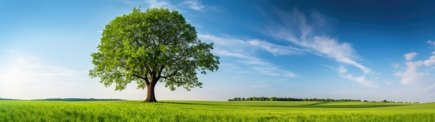 Lone tree in lush green field under blue sky