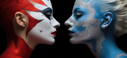 Artistic portrait of two faces with colorful makeup and glitter