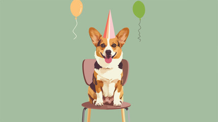 Cute funny dog in party hat sitting on chair against