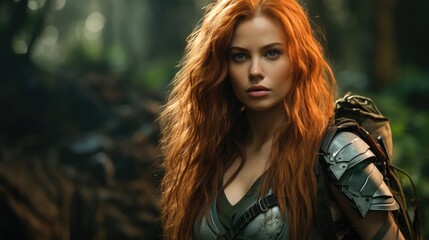 Naklejka premium Fierce redheaded warrior woman in the forest