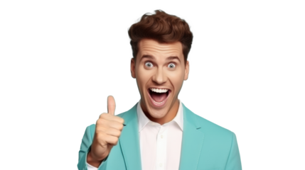 Excited young man with thumbs up, transparent backdrop