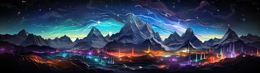 Vibrant fantasy landscape with glowing mountains and celestial night sky