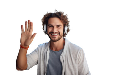 Friendly man with headphones waving hello on transparent backdrop