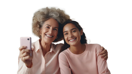 Two generations of women taking selfie, mature woman and young adult smiling on transparent backdrop