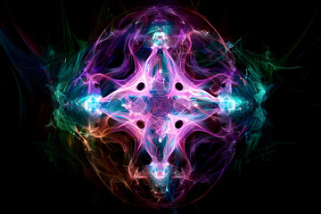 Mystical neon digital art with intricate fractal designs. Enchanting artwork on black background.