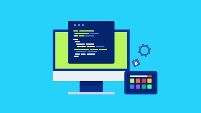 Software application development, coding and programming script on pc screen, mobile app testing data processing conceptual video animation.