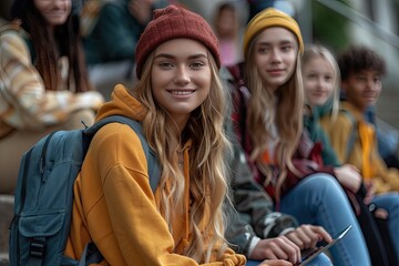 Fototapeta premium Group Of Students With Digital Tablet And Laptop Study Together Outdoors, Happy Multiethnic Young Friends Sitting On Stairs Near University Building, Using Modern Gadgets For Education, Copy Space