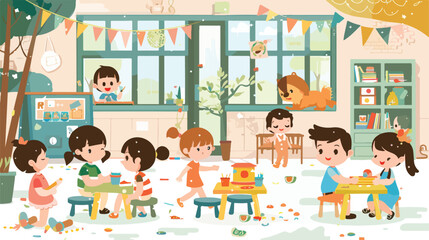 Cute little children playing in kindergarten style
