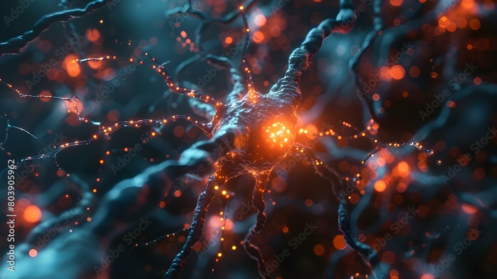 Poster microscopic view of neural network showing synapse and neuron cells communicating. concept neural ne